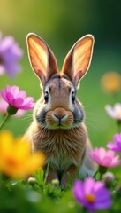 Obraz premium Bunny peeking out from behind a flower garland, wildflowers, garden