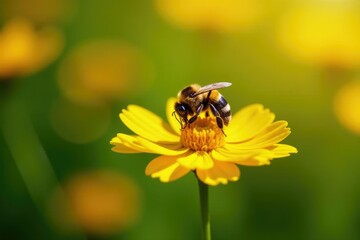 Bumblebee collecting nectar from a yellow flower, pollination, sunshine