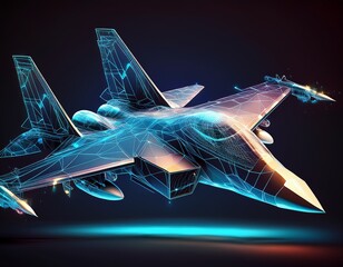 a hologram fighter a military aircraft made of polygons triangles of dots and lines fighter low poly compound structure