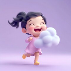 Fototapeta premium Happy girl running, holding a fluffy cloud.