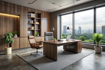 Modern CEO Office: Minimalist Grey & Brown Workspace with Panoramic View