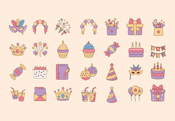Colorful Birthday Celebration Party Gifts Icons Set