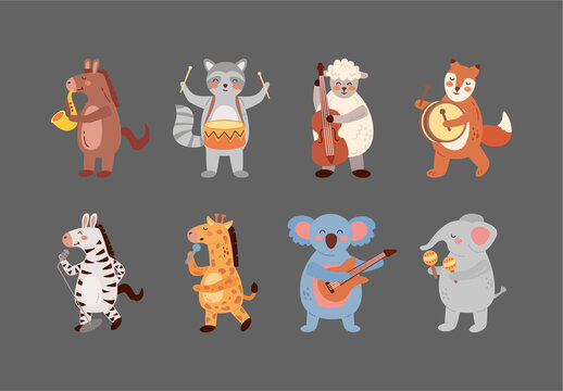 Colorful Musical Animals Playing Instruments Illustration Set