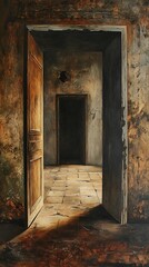 Obraz premium Abandoned room, open doorway, dusty interior