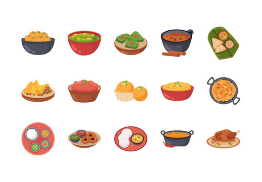 Colorful Traditional Indian Cuisine Illustration Set