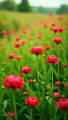Obraz premium Field of red clover flowers swaying gently in the breeze, green fields, nature