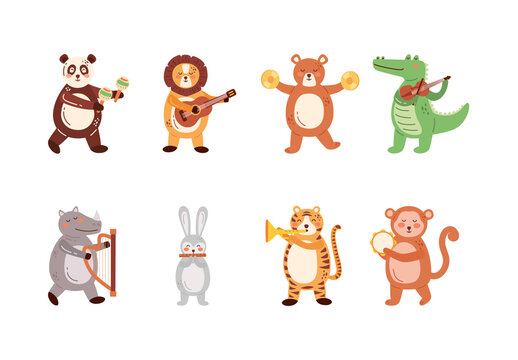 Multicolor Cute Musical Animals Cartoon Illustration Set