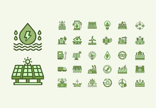 Green Sustainable Renewable Resources Icons Set