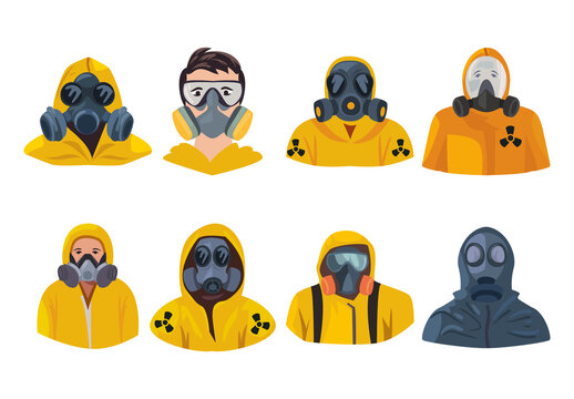 Yellow and Black Gas Mask People Illustration Set