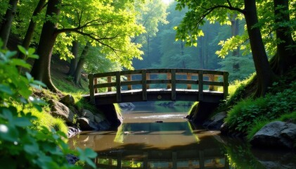 Old wooden bridge crossing over murky river with dense foliage on banks, vegetation, water