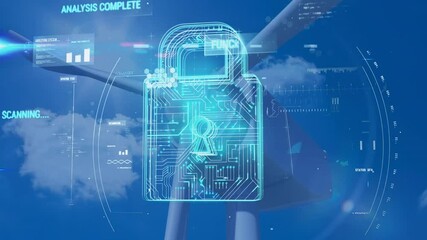 Digital lock and data scanning animation over wind turbine background - Powered by Adobe