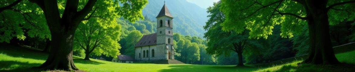 Fototapeta premium Lush green trees surround ancient stone church tower, Serene, Forest, Church
