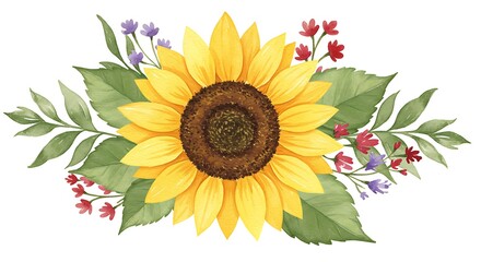 Fototapeta premium Watercolor Sunflower Bouquet with Green Leaves and Small Flowers