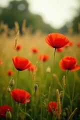 Fototapeta premium Red poppies in a field of tall grasses and long, golden leaves, tall grasses, gardening