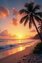 Fototapeta premium Palm trees sway in warm breeze on tropical sandy ocean beach at sunset, golden light, film texture, vintage tones