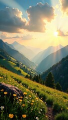 Panoramic landscape with sunbeams, hills, scenic views, nature