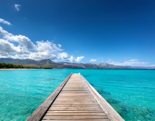Fototapeta premium wooden pier extending into crystal clear turquoise water with a backdrop of distant mountains and a sunny sky dotted with clouds creating a serene and inviting scene