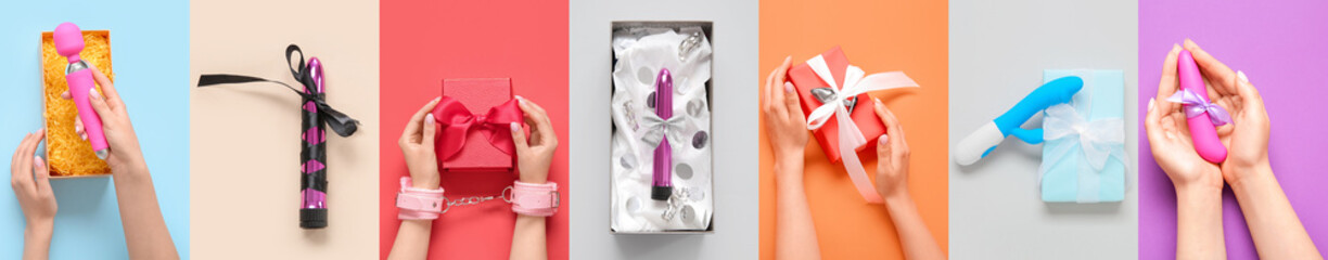 Set of sex toys as gifts on color background, top view