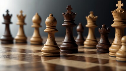Generative AI-created chess pieces on a chessboard, strategy game play, and competition success