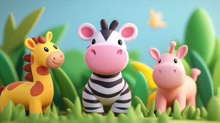 Naklejka premium Three adorable cartoon animals standing in a lush green landscape setting