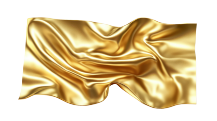 A luxurious gold fabric flag, elegantly draped with rich texture and sheen on a white isolated background.