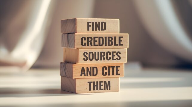 Wooden blocks with words 'Find credible sources and cite them'.

