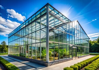Fototapeta premium Modern Glass Greenhouse Architecture, Sustainable Eco-Friendly Garden Design