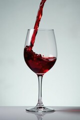 Red wine flowing into a clear glass from above, flow, fall