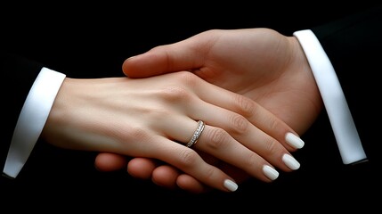 Obraz premium Close Up of a Couple's Hands Clasped Together, Featuring a Diamond Ring