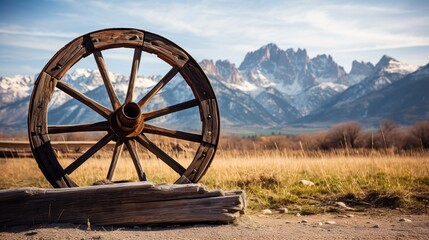 Fototapeta premium Tranquil Countryside Charm - Vintage wooden wagon wheel leaning against rustic fence with mountain range backdrop