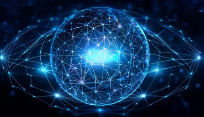 a close up view of a glowing networked sphere illustrating digital connections and a cosmic theme with vibrant blue tones against a dark backdrop