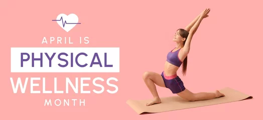 Fotobehang Young woman doing yoga on pink background. Banner for Physical Wellness Month © Pixel-Shot