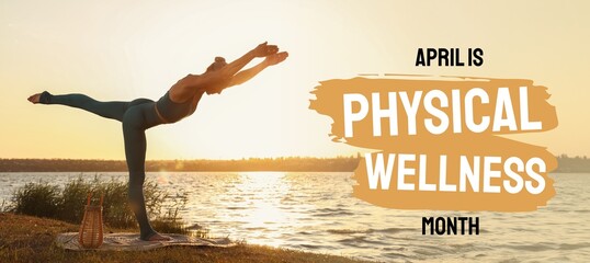Silhouette of woman practicing yoga near river. Banner for Physical Wellness Month
