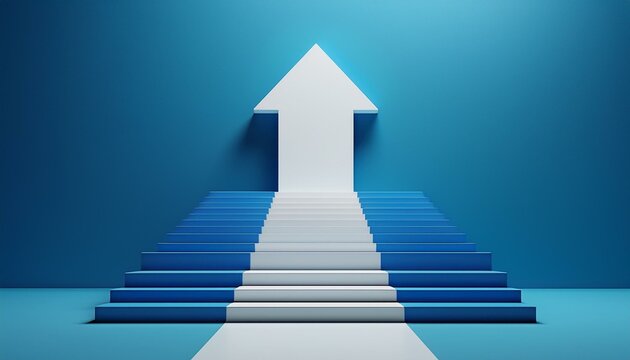 white arrow up with blue stair on blue floor background 3d arrow climbing up over a staircase 3d stairs with arrow going upward 3d rendering
