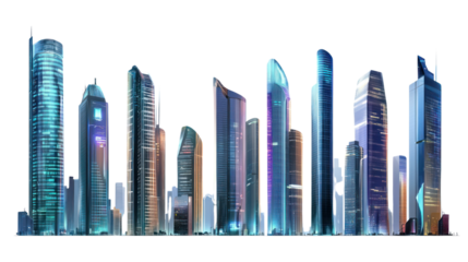 A vibrant skyline featuring futuristic skyscrapers illuminated at night.