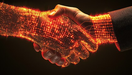 A handshake enhanced with glowing digital network graphics, symbolizing innovation and teamwork in global business