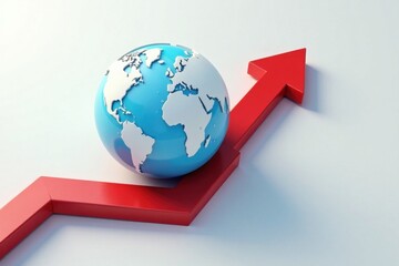 Red arrow pointing to a stylized globe, direction, navigation, global