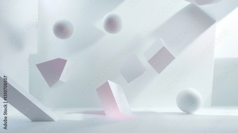 Poster Floating shapes create a minimalist and futuristic atmosphere with soft shadows and reflections on a white background