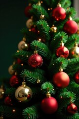 The evergreen tree is loaded with colorful red and gold glass balls, tree decorations, festive atmosphere, ornaments