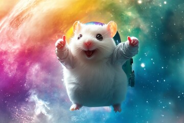 A cheerful hamster astronaut floats in a vibrant, colorful nebula. The hamster wears a tiny spacesuit and gives two thumbs up.  Stars and cosmic dust