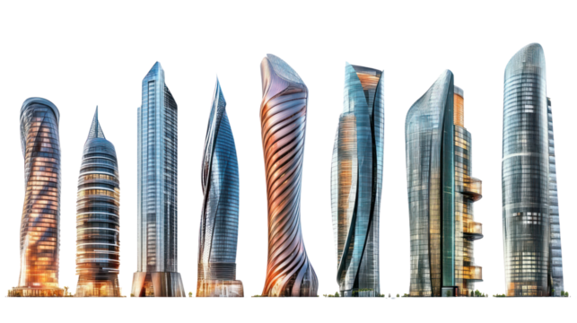 A stunning display of modern skyscrapers with unique designs against a white isolated background.