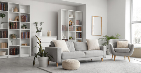 Interior of modern living room with sofa, armchair and bookshelves