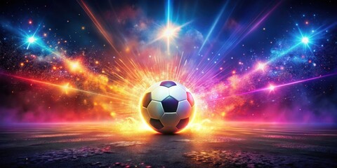 Fototapeta premium A Futuristic Soccer Ball Exploding with Cosmic Energy on a Dark Surface