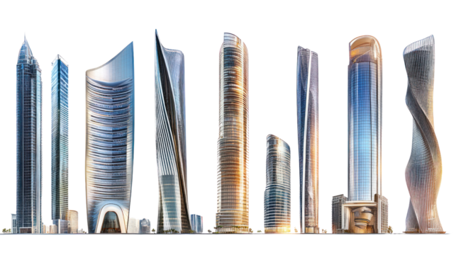 A stunning collection of modern skyscrapers with unique designs on a white isolated background.