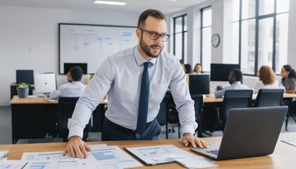 Fototapeta premium Focused businessman analyzing data reports in a bustling contemporary office