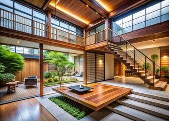 Modern Japanese Home Interior Courtyard Wooden Staircase Stock Photo
