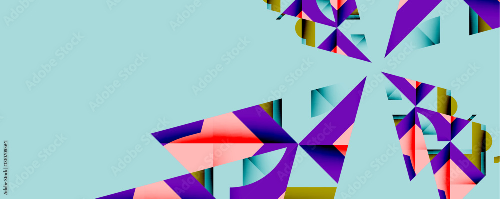 Poster Abstract geometric composition with interlocking circular and angular shapes, featuring smooth gradients and sharp contrasts on a white background