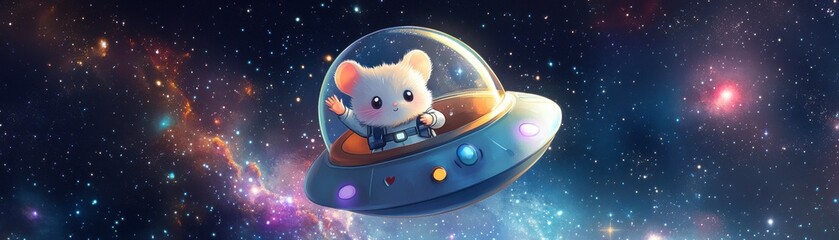 Adorable cartoon mouse in a spaceship, soaring through a vibrant galaxy filled with twinkling stars and nebulae. Pixel art style
