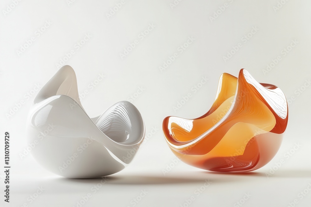 Poster floating 3d shapes with soft shadows and elegant reflections creating a minimalist design on a white