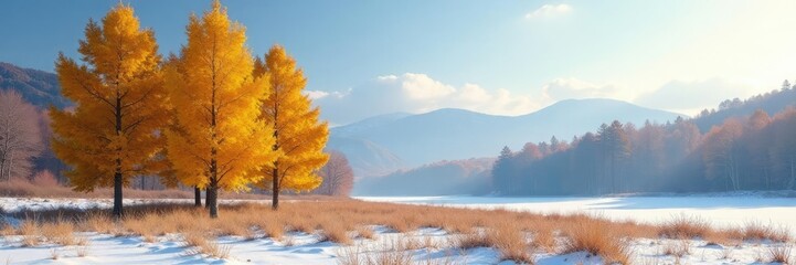 Yellowing larch trees in a cold winter morning landscape, autumn, atmosphere, landscape
